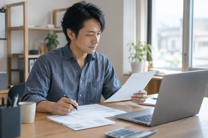 複数の請求書と口座明細をノートパソコンの横に並べ、申込条件を落ち着いて照合する個人事業主