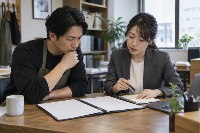 補助事業の担当者が交付資料と事業資金の見通しを並べて確認している場面