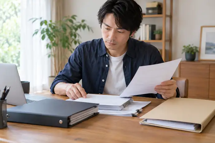 旧契約の通知記録と登記事項を確認してから次の書類を準備する様子