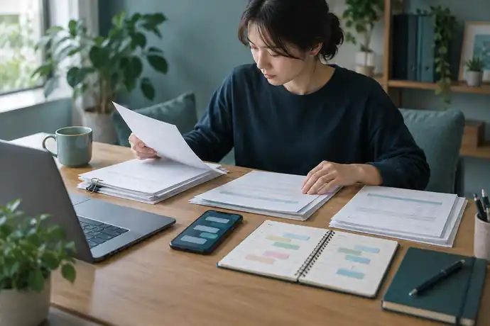 取引の経緯を時系列のメモと資料で整理して、相談準備を進めている場面