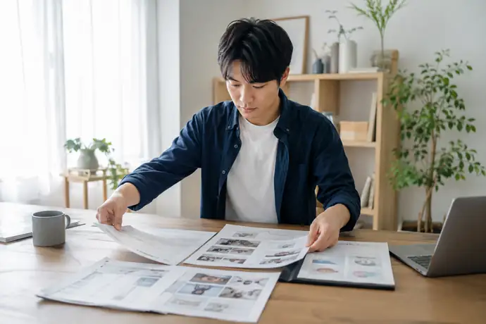 自宅の机で職務経歴書と実績資料を並べ、応募先に合わせて内容を整理している場面