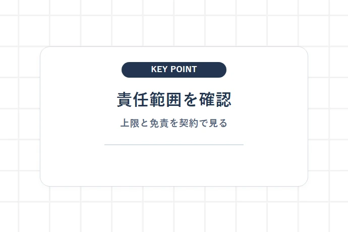 契約書の責任範囲と損害賠償上限を確認する「責任範囲を確認、上限と免責を契約で見る」を解説した図解