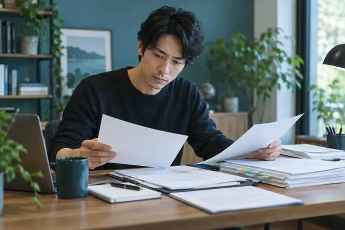 損害賠償請求の内容を契約書と照らし合わせ、回答前に確認している場面