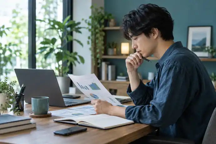 契約更新の条件と新しい単価をノートで整理している、フリーランスの打ち合わせ準備の場面