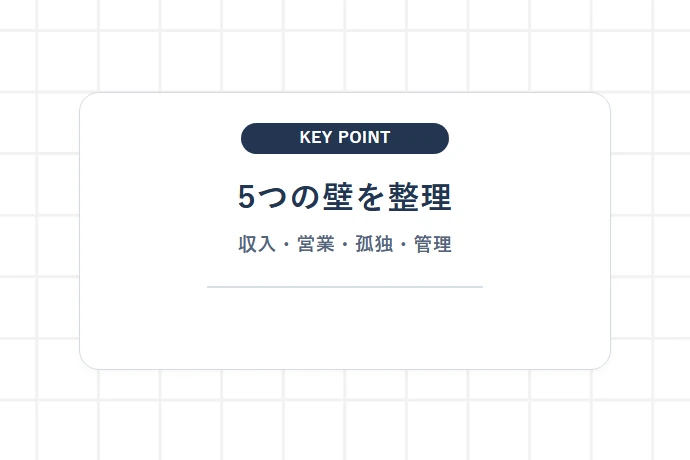フリーランスが「やめたほうがいい」と言われる5つの壁と現実「5つの壁を整理、収入・営業・孤独・管理」を解説した図解