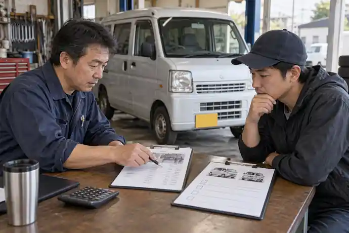 過走行軽バンの予防整備の修理費と中古車・リースへの乗り換え比較を確認している場面