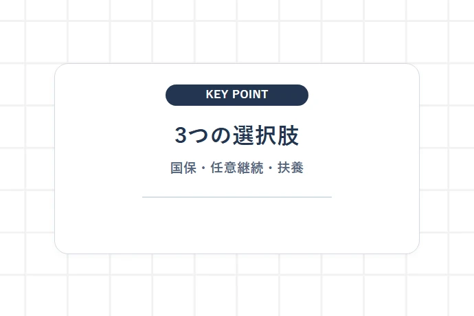 退職後の健康保険は3つの選択肢(国保・任意継続・扶養)から選ぶ「3つの選択肢、国保・任意継続・扶養」を解説した図解