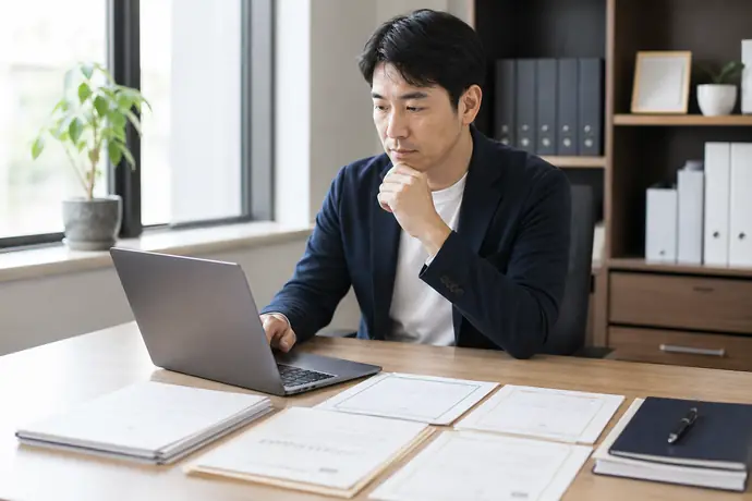 会社・企業・屋号で迷ったときのクイック判定チェックリストを整理する事業者の自然な作業風景