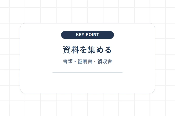 ステップ1:確定申告に必要な提出書類・控除証明書・領収書を集める「資料を集める、書類・証明書・領収書」を解説した図解