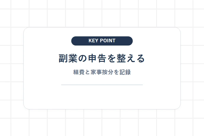 開業届・青色申告承認申請書はそのままでOK？正社員副業の税務上の位置づけ「副業の申告を整える、経費と家事按分を記録」を解説した図解