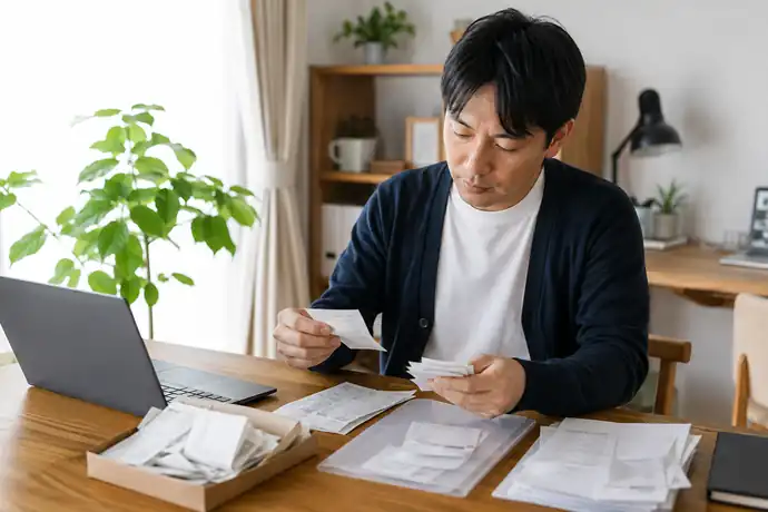 自宅の作業机で、会社員の予定と副業の帳簿を分けて管理している場面