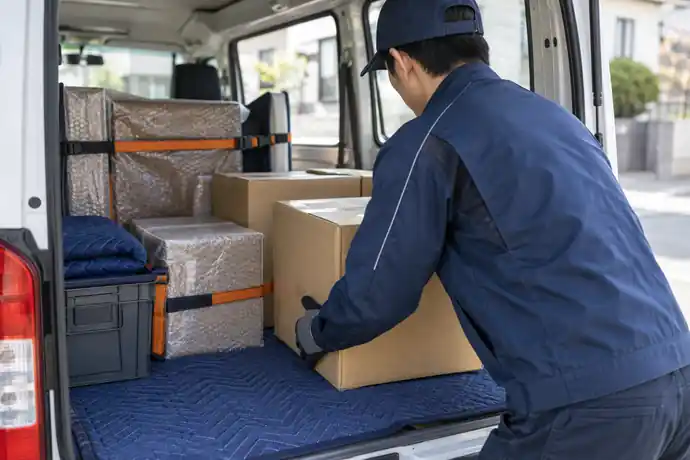 軽貨物の荷室で段ボールの角へ緩衝材を入れ養生マットを敷いている場面