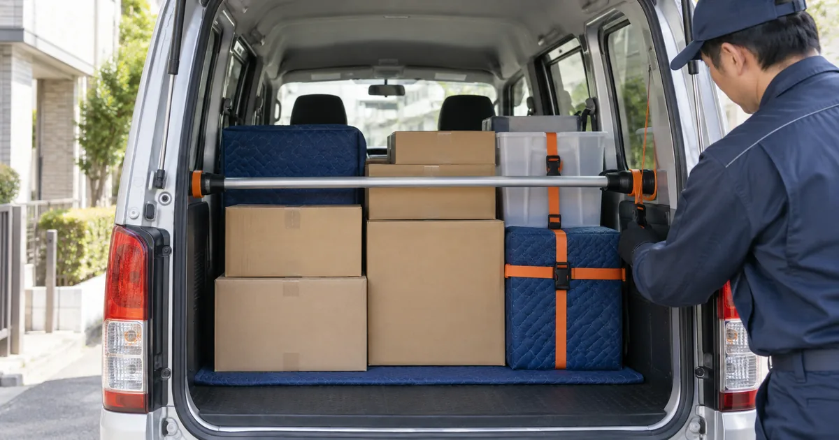 軽貨物の荷崩れ・破損を防ぐ荷室資材ガイド！ラッシングベルト・突っ張り棒・緩衝材の使い方をイメージしたアイキャッチ