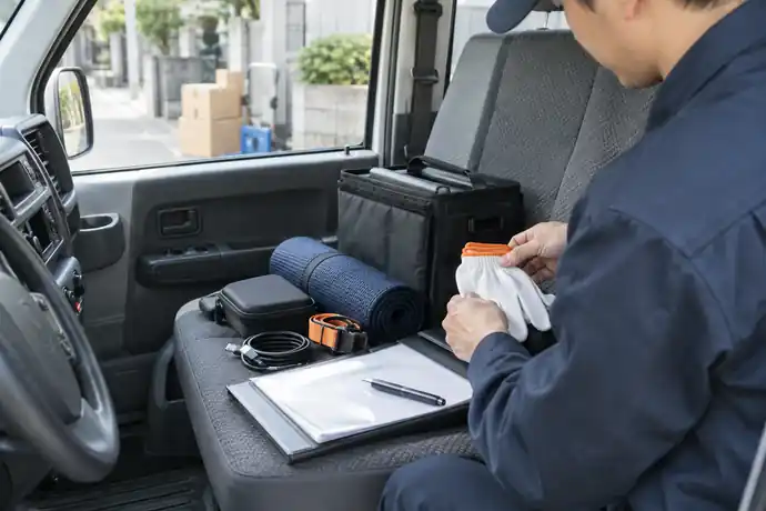 軽貨物の開業初日に使う基本装備を荷室へ整理している場面