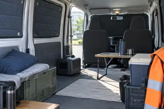 軽貨物の荷室を安全な短時間休憩スペースへ整え、遮光と通路を確認している場面