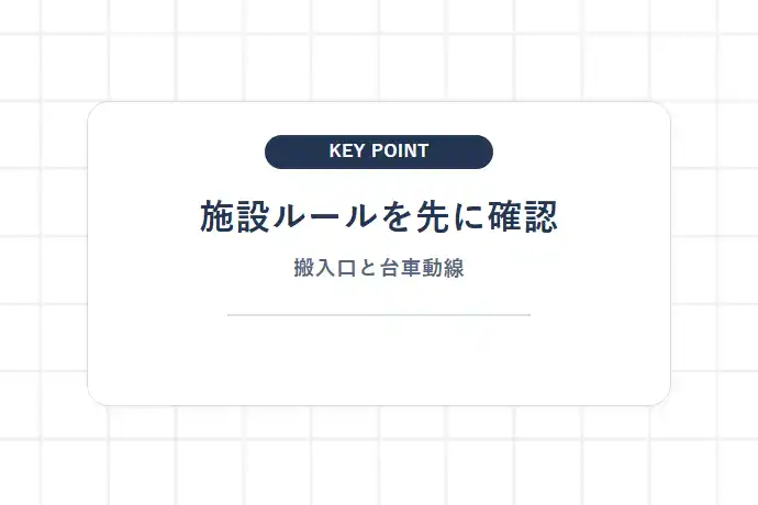 高層マンション・商業ビル・オフィス街での駐禁防止策「施設ルールを先に確認、搬入口と台車動線」を解説した図解