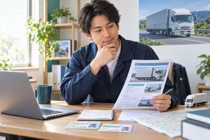自宅の机で運転経験や資格を一覧にし、応募先の求人票と照らし合わせている場面