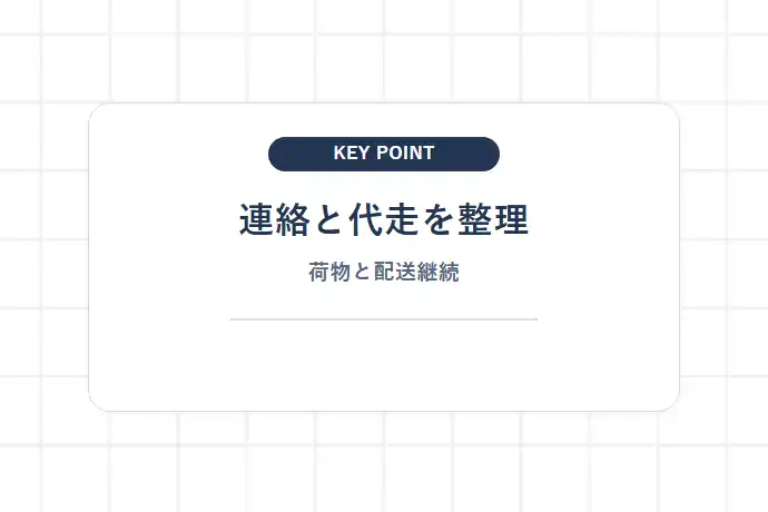 元請け・荷主への緊急連絡と代走・荷物引き継ぎの手順「連絡と代走を整理、荷物と配送継続」を解説した図解