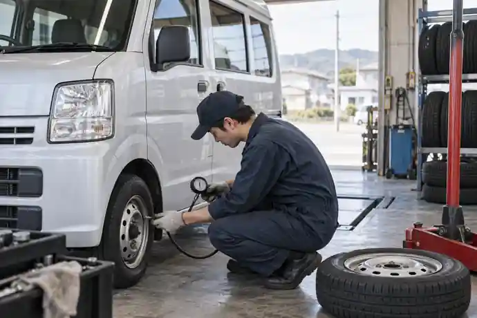 軽貨物用タイヤの適正空気圧・ローテーション・片減り対策を確認している場面