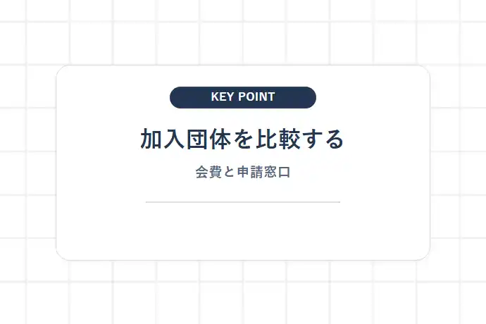 特別加入団体の選び方・入会金・会費と必要書類「加入団体を比較する、会費と申請窓口」を解説した図解