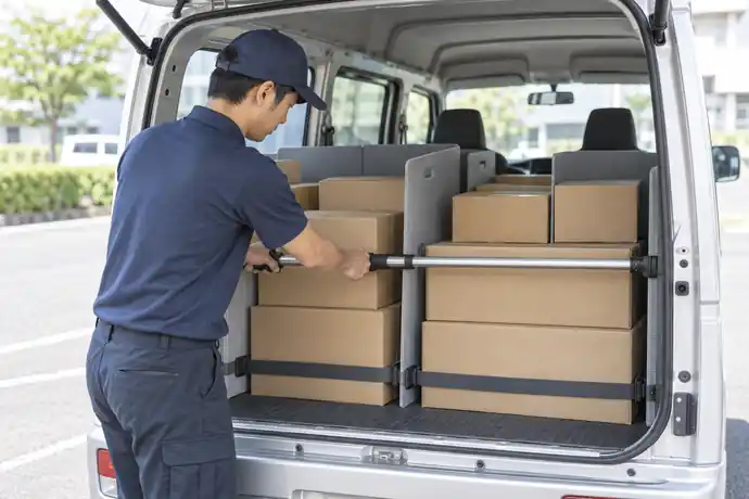 軽貨物車両の荷室で仕切りと固定資材を使って荷物を安定させる作業風景