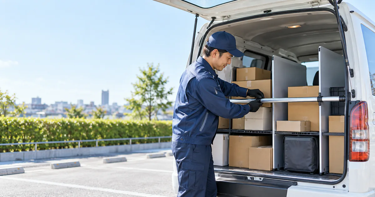 軽貨物の荷室固定・パッキング完全マニュアル!荷崩れを防ぐ仕切り・コンテナ・突っ張り棒の活用法をイメージしたアイキャッチ