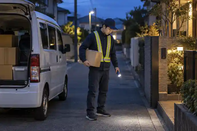 夜間の住宅街でライトと反射材を使い車両周辺を確認する軽貨物ドライバーの仕事風景