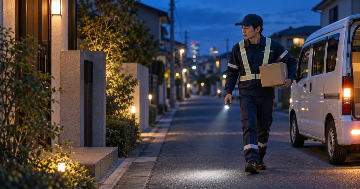 軽貨物の夜間配達を安全・スムーズに行うコツ|暗所の表札確認から静音マナーまでをイメージしたアイキャッチ