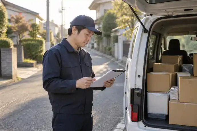 配達エリアの訪問時刻を記録しながら巡回計画を見直す軽貨物ドライバーの仕事風景