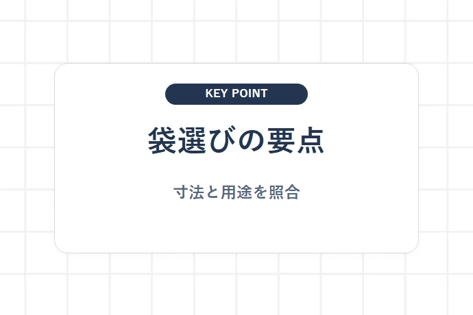 OPP袋を選ぶときに見る寸法と用途「袋選びの要点、寸法と用途を照合」を解説した図解