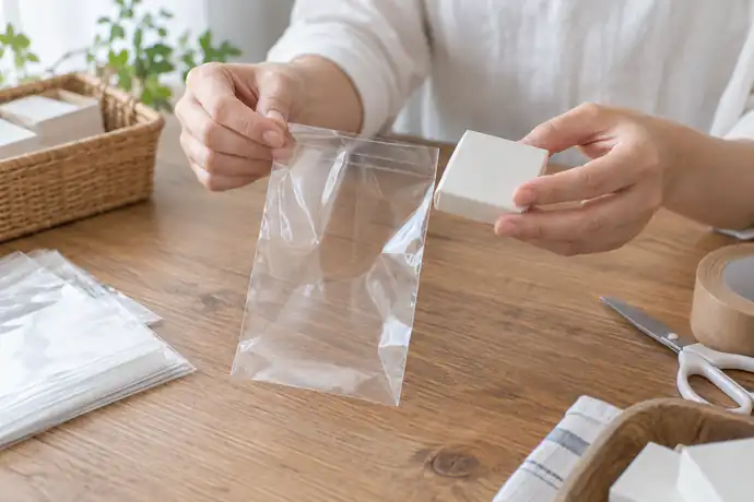 品物をOPP袋に入れる前に袋の幅と余白を手元で確かめている様子