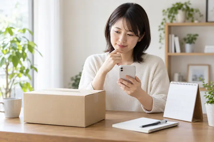 郵便局留めの荷物の受取期限を確認し、窓口へ行く日を考えている様子