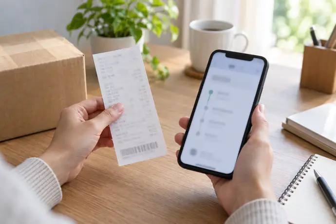 差出控えを手元に置き、追跡番号をスマートフォンで確認している様子