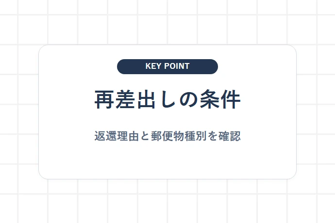返送された場合の再差出し判断「再差出しの条件、返還理由と郵便物種別を確認」を解説した図解