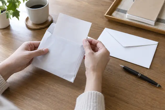 返送された封筒の理由欄を確認し、新しい封筒へ宛名を書き直す準備をしている手元