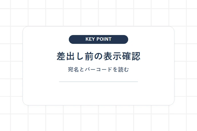 投函・窓口前の最終確認「差出し前の表示確認、宛名とバーコードを読む」を解説した図解