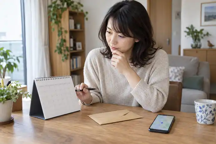 消印期限を確認しながら郵便物の差出方法を検討する人の様子