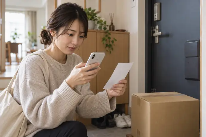 自宅で不在票とスマートフォンを見比べ、再配達の受付枠を確認する人。