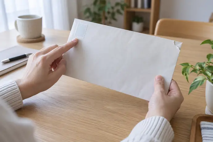 スマートレター封筒の料額印面と裂けた端を、投函前に机上で確認している手元
