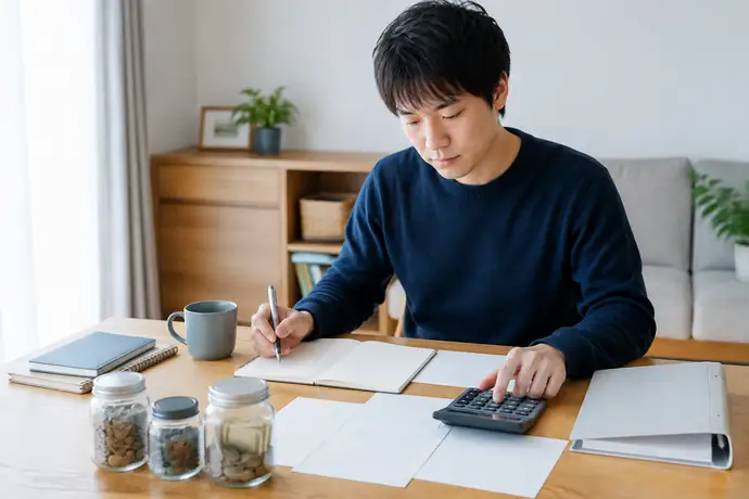 転職前の机で、家計簿と納税予定を見比べながら資金計画を立てている場面