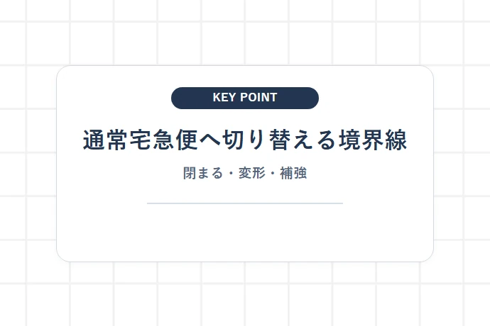 通常の宅急便へ切り替える境界線を決めておく「通常宅急便へ切り替える境界線、閉まる・変形・補強」を解説した図解