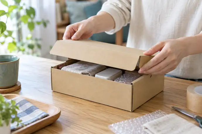 宅急便コンパクトの専用BOXを自然に閉じ、送り状と箱の状態を発送前に確認している場面