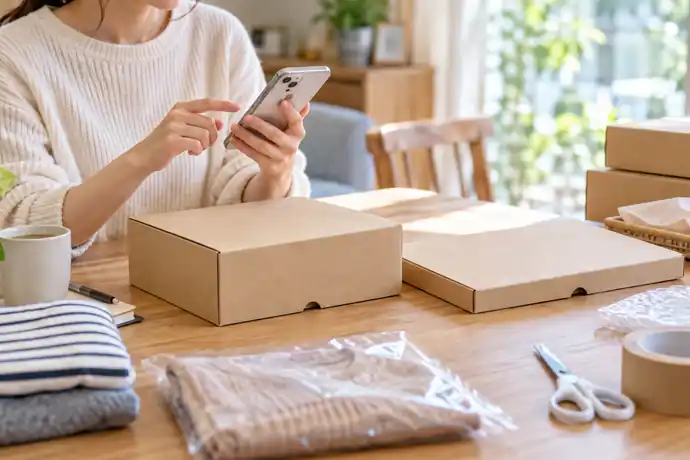 宅急便コンパクト専用BOXの在庫と発送可否を確認し、未使用の箱と荷物を発送前に準備している場面