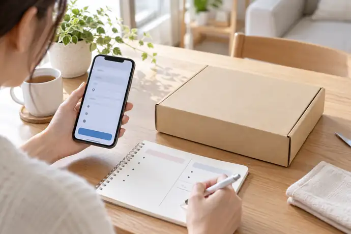 スマートフォンの送り状画面と宅急便コンパクトの荷物を並べ、発払いと着払いの条件を確認している場面