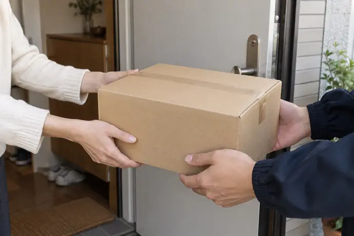 封かん済みの段ボールを玄関で集荷員へ手渡す二人の手元