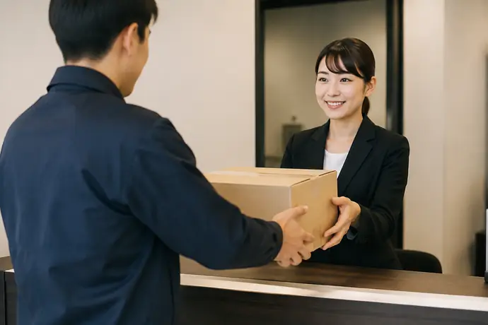 宅配便の荷物を営業所の受付へ持ち込む場面を伝えるシーン画像