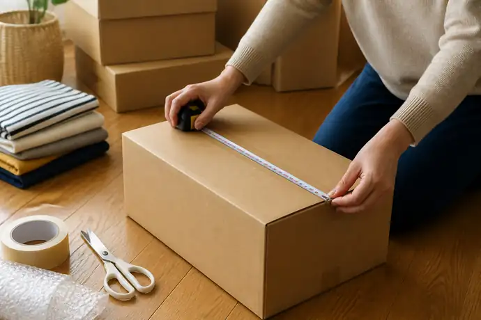 宅配便の荷物を発送前にサイズ確認する場面を伝えるシーン画像