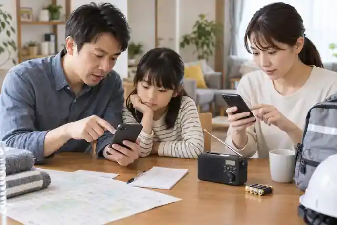 停電・通信障害に備えたスマートフォンの準備を確認する場面のイメージ画像