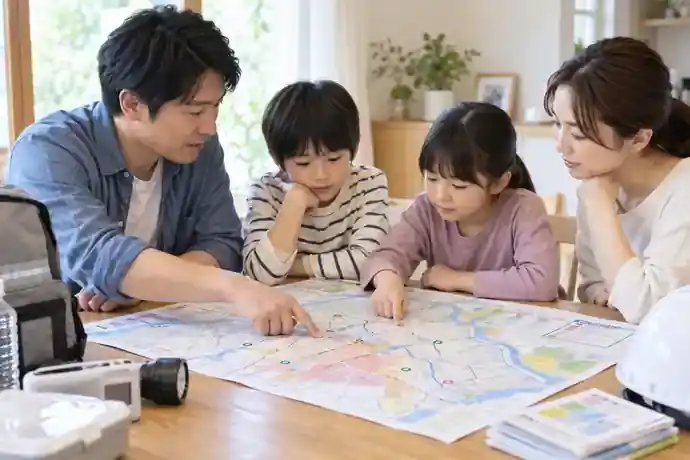 地図を見たあとに家族の避難行動を仕上げるを確認する場面のイメージ画像