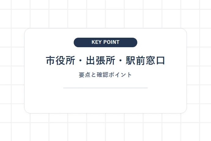 市役所・出張所・駅前窓口の使い分け「市役所・出張所・駅前窓口、要点と確認ポイント」を解説した図解